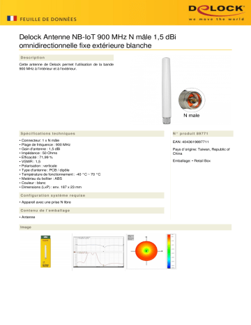 DeLOCK 89771 NB-IoT 900 MHz Antenna N plug 1.5 dBi omnidirectional fixed outdoor white Fiche technique | Fixfr
