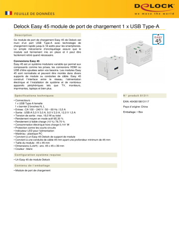 DeLOCK 81311 Easy 45 USB Charging Port Module 1 x USB Type-A Fiche technique | Fixfr