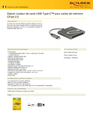 DeLOCK 91745 USB Type-C™ Card Reader for CFast 2.0 memory cards Fiche technique | Fixfr