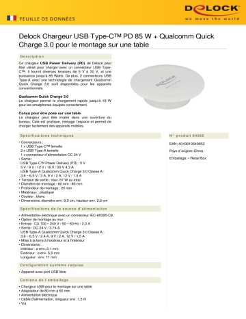 DeLOCK 64065 USB Type-C™ Charger PD 85 W + Qualcomm Quick Charge 3.0 for table mounting Fiche technique | Fixfr