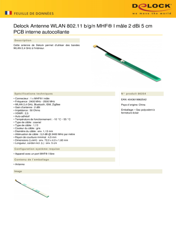 DeLOCK 86254 WLAN 802.11 b/g/n Antenna MHF® I plug 2 dBi 5 cm PCB internal self adhesive Fiche technique | Fixfr