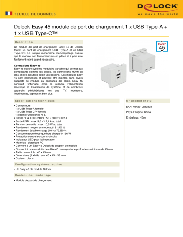 DeLOCK 81313 Easy 45 USB Charging Port Module 1 x Type-A + 1 x USB Type-C™ Fiche technique | Fixfr