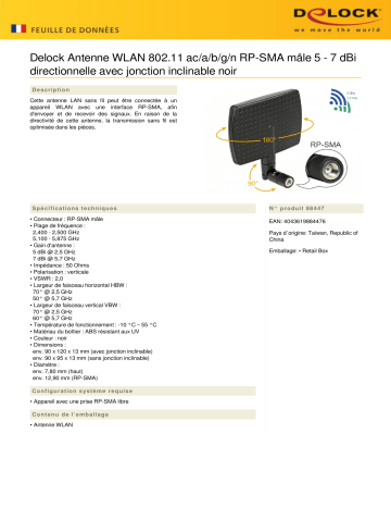 DeLOCK 88447 WLAN 802.11 ac/a/b/g/n Antenna RP-SMA plug 5 - 7 dBi directional Fiche technique | Fixfr