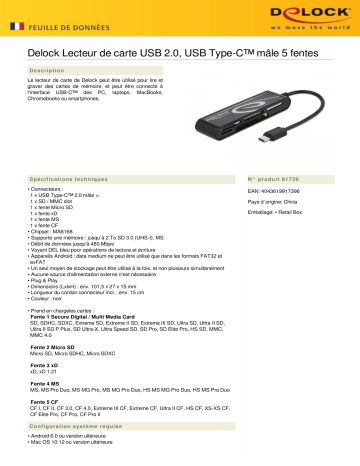 DeLOCK 91739 USB 2.0 Card Reader USB Type-C™ male 5 Slots Fiche technique | Fixfr