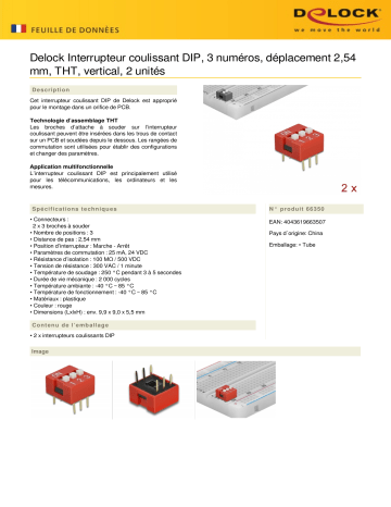 DeLOCK 66350 DIP sliding switch 3-digit 2.54 mm pitch THT vertical red 2 pieces Fiche technique | Fixfr