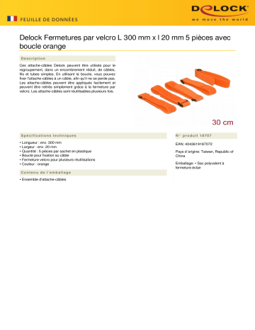 DeLOCK 18707 Hook-and-loop fasteners L 300 mm x W 20 mm 5 pieces Fiche technique | Fixfr