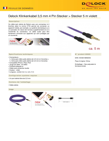 DeLOCK 85605 Klinkenkabel 3,5 mm 4 Pin Stecker > Stecker 5 m violett Fiche technique | Fixfr