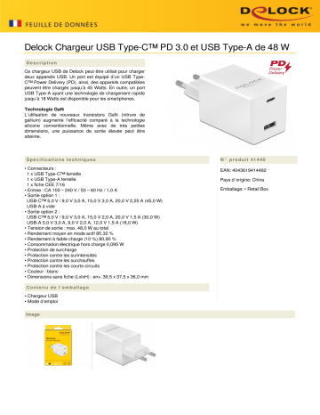 DeLOCK 41448 USB Charger USB Type-C™ PD 3.0 and USB Type-A Fiche technique | Fixfr