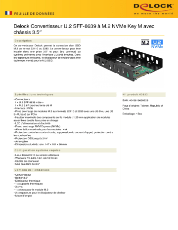 DeLOCK 63922 Converter U.2 SFF-8639 to M.2 NVMe Key M Fiche technique | Fixfr