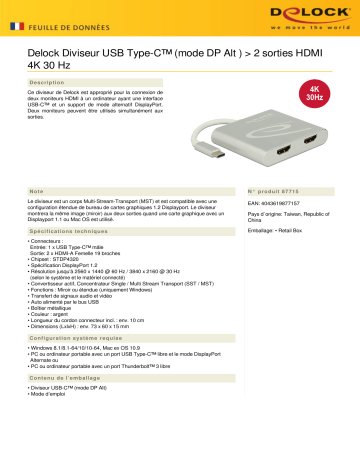 DeLOCK 87715 USB Type-C™ Splitter (DP Alt Mode) > 2 x HDMI out 4K 30 Hz Fiche technique | Fixfr