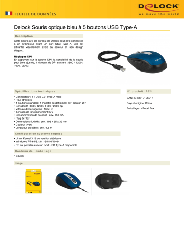 DeLOCK 12621 Optical 5-button Mouse USB Type-A blue Fiche technique | Fixfr