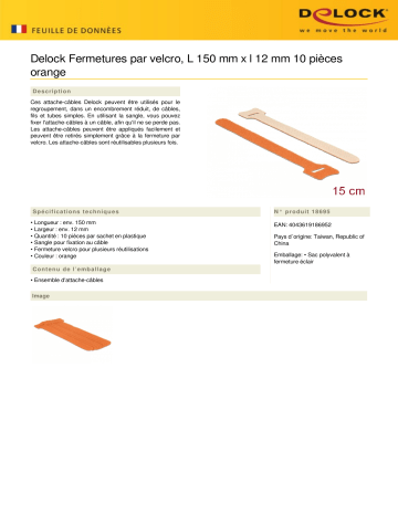 DeLOCK 18695 Hook-and-loop fasteners L 150 mm x W 12 mm 10 pieces orange Fiche technique | Fixfr