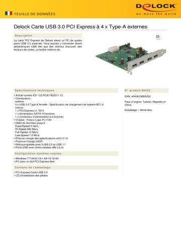 DeLOCK 89323 USB 3.0 PCI Express Card to 4 x external Type-A Fiche technique | Fixfr