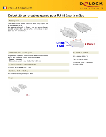 DeLOCK 86471 Strain Relief Boot for RJ45 Crimp+Cut+Curve plug 20 pieces Fiche technique | Fixfr