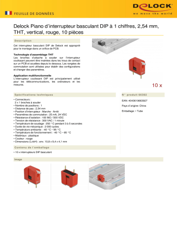 DeLOCK 66392 DIP flip switch piano 1-digit 2.54 mm pitch THT vertical red 10 pieces Fiche technique | Fixfr