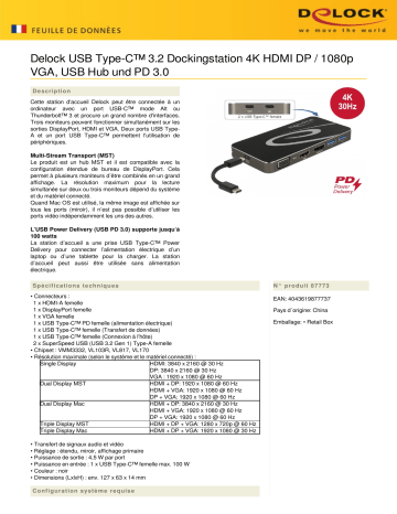 DeLOCK 87773 USB Type-C™ 3.2 Dockingstation 4K HDMI DP / 1080p VGA, USB Hub und PD 3.0 Fiche technique | Fixfr