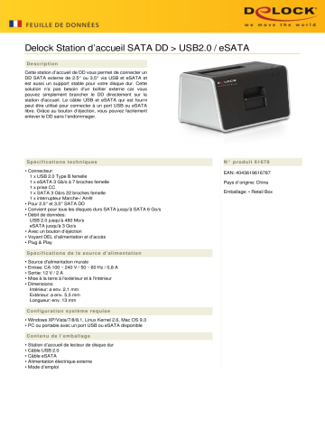 DeLOCK 61678 Docking Station SATA HDD > USB2.0 / eSATA Fiche technique | Fixfr