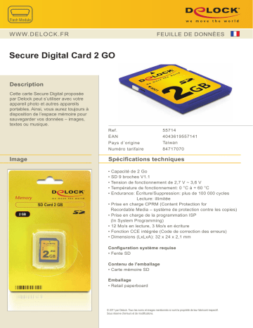 DeLOCK 55714 Secure Digital Card 2 GB Fiche technique | Fixfr