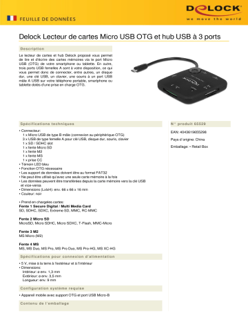 DeLOCK 65529 Micro USB OTG Card Reader + 3 port USB Hub Fiche technique | Fixfr