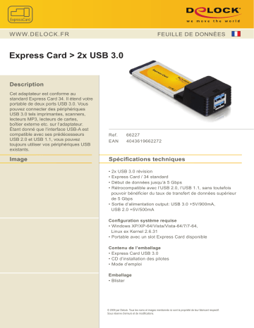 DeLOCK 66227 Express Card > 2x USB 3.0 Fiche technique | Fixfr