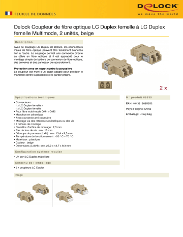 DeLOCK 86535 Optical Fiber Coupler LC Duplex female to LC Duplex female Multi-mode 2 pieces beige Fiche technique | Fixfr