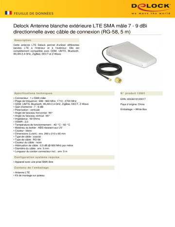 DeLOCK 12001 LTE Antenna SMA plug 7 - 9 dBi directional Fiche technique | Fixfr