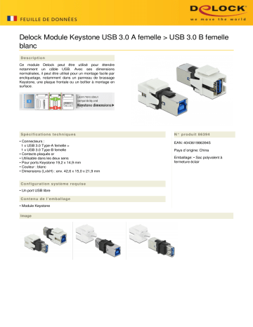 DeLOCK 86394 Keystone Module USB 3.0 A female > USB 3.0 B female white Fiche technique | Fixfr