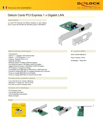 DeLOCK 90381 PCI Express x1 Card 1 x RJ45 Gigabit LAN RTL8111 Fiche technique | Fixfr