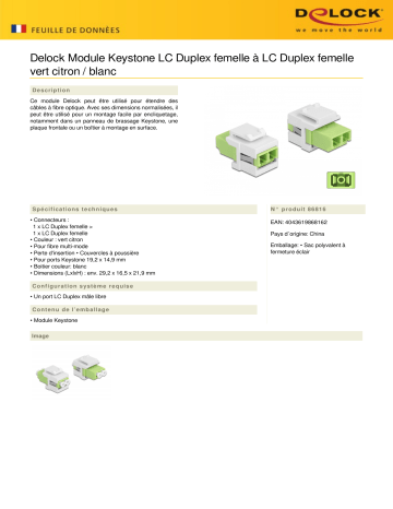 DeLOCK 86816 Keystone Module LC Duplex female to LC Duplex female limegreen / white Fiche technique | Fixfr