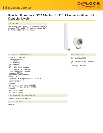 DeLOCK 88790 LTE Antenne SMA Stecker 1 – 2,5 dBi omnidirectional Fiche technique | Fixfr