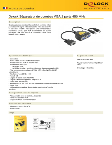 DeLOCK 61968 2 Port VGA Data Splitter 450 MHz Fiche technique | Fixfr