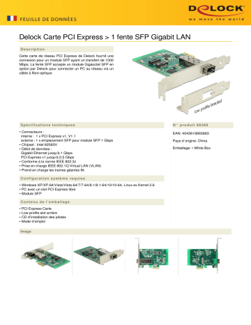 DeLOCK 89368 PCI Express Card > 1 x SFP Slot Gigabit LAN Fiche technique | Fixfr