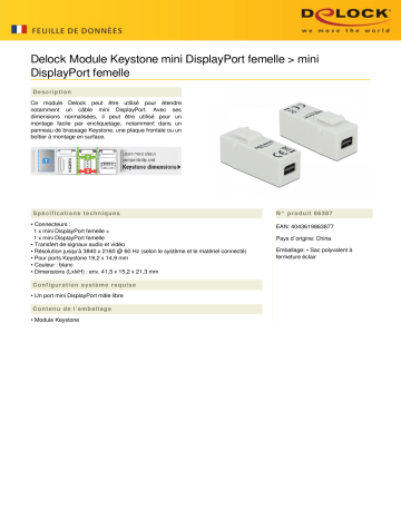 DeLOCK 86387 Keystone Module mini DisplayPort female > mini DisplayPort female Fiche technique | Fixfr