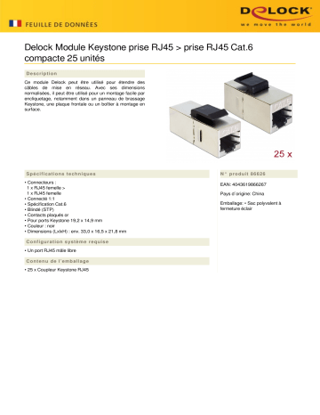 DeLOCK 86626 Keystone Module RJ45 jack > RJ45 jack Cat.6 compact 25 pieces Fiche technique | Fixfr