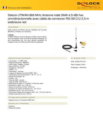 DeLOCK 12722 LPWAN 868 MHz Antenna SMA plug 4.5 dBi fixed omnidirectional Fiche technique | Fixfr