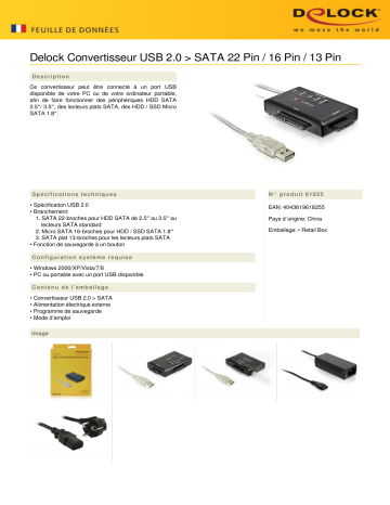 DeLOCK 61825 Converter USB 2.0 > SATA 22 pin / 16 pin / 13 pin Fiche technique | Fixfr