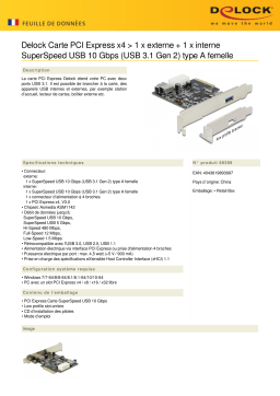 DeLOCK 89399 PCI Express x4 Card > 1 x external + 1 x internal SuperSpeed USB 10 Gbps (USB 3.1 Gen 2) type A female Fiche technique