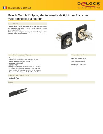 DeLOCK 86790 D-Type Module 6.35 mm 3 pin stereo jack to solder connector Fiche technique | Fixfr