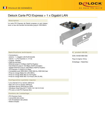 DeLOCK 89156 PCI Express x1 Card 1 x RJ45 Gigabit LAN RTL8111 Fiche technique | Fixfr