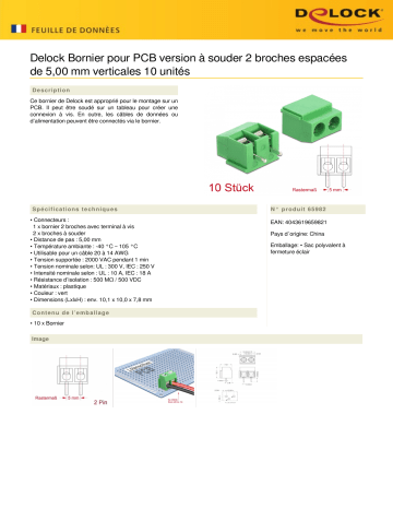 DeLOCK 65982 Terminal block for PCB soldering version 2 pin 5.00 mm pitch vertical 10 pieces Fiche technique | Fixfr