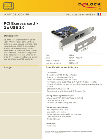 DeLOCK 89246 PCI Express card > 2 x USB 3.0 Fiche technique | Fixfr