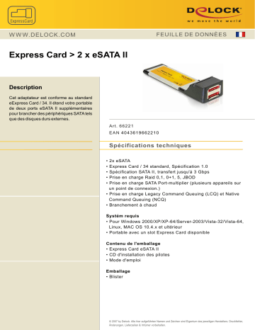 DeLOCK 66221 Express Card > 2 x eSATA 3 Gb/s Raid Fiche technique | Fixfr