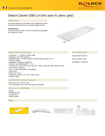 DeLOCK 12014 USB Keyboard 2.4 GHz wireless white (flat) Fiche technique | Fixfr