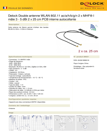DeLOCK 89631 WLAN 802.11 ac/a/h/b/g/n Twin Antenna 2 x MHF® I plug 3 - 5 dBi 2 x 25 cm PCB internal self adhesive Fiche technique | Fixfr