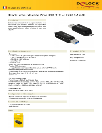 DeLOCK 91734 Micro USB OTG Card Reader + USB 3.0 A male Fiche technique | Fixfr
