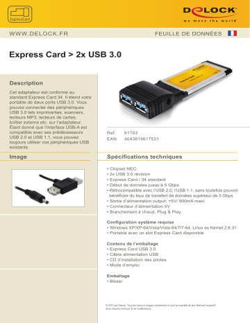 DeLOCK 61753 Express Card > 2x USB 3.0 Fiche technique | Fixfr