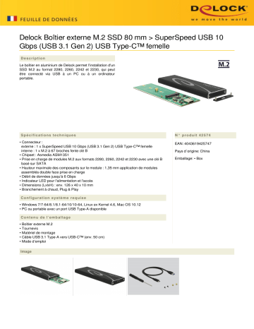 DeLOCK 42574 External Enclosure M.2 SSD 80 mm > SuperSpeed USB 10 Gbps (USB 3.1 Gen 2) USB Type-C™ female Fiche technique | Fixfr