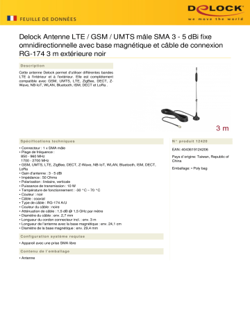 DeLOCK 12420 LTE / GSM / UMTS Antenna SMA plug 3 - 5 dBi fixed omnidirectional Fiche technique | Fixfr