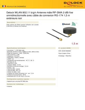 DeLOCK 66285 WLAN 802.11 b/g/n Antenna RP-SMA plug 2 dBi fixed omnidirectional Fiche technique | Fixfr