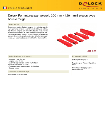 DeLOCK 18705 Hook-and-loop fasteners L 300 mm x W 20 mm 5 pieces Fiche technique | Fixfr